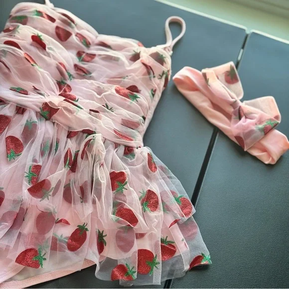 Lola + The Boys Pink Strawberry Print Swimsuit with Bow - Picture 2 of 5